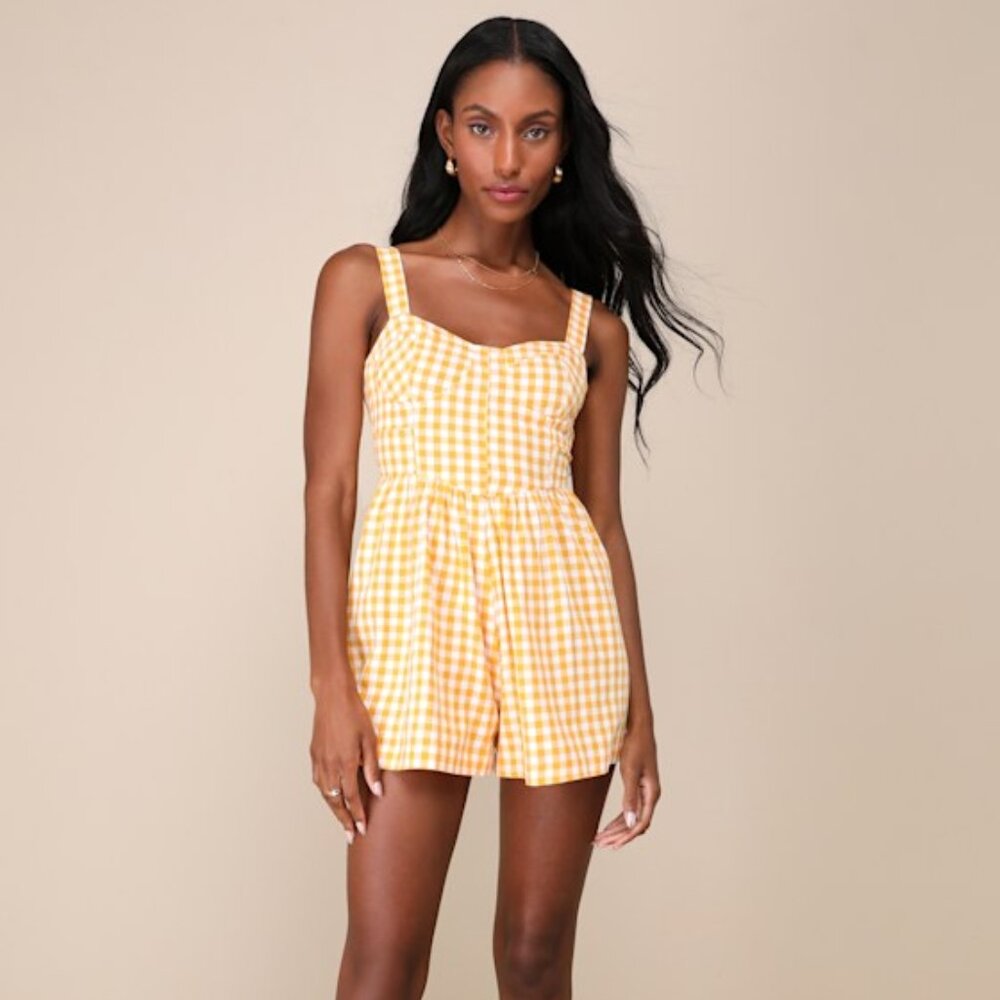 Lulus Precious Trend Yellow And White Gingham Bustier Romper - Size L